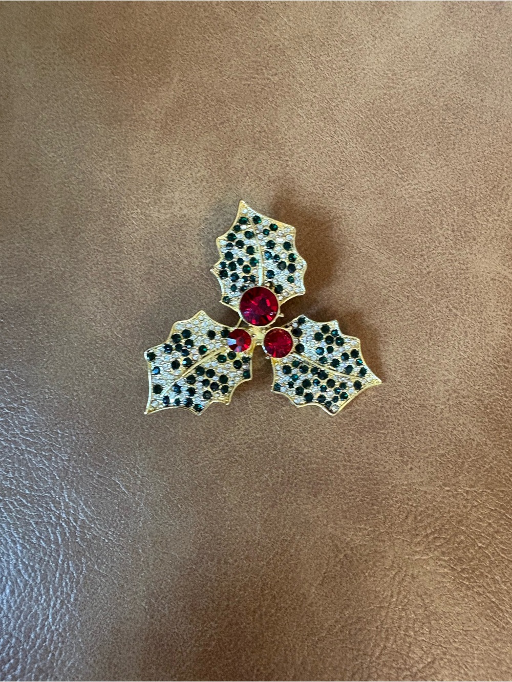 Festive Holly Crystal Brooch with Red Accents